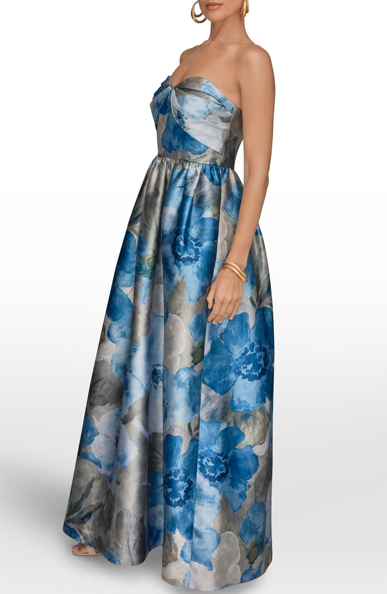Donna Karan New York Floral Print Strapless Satin Gown, Alternate, color, Washed Indigo Multi