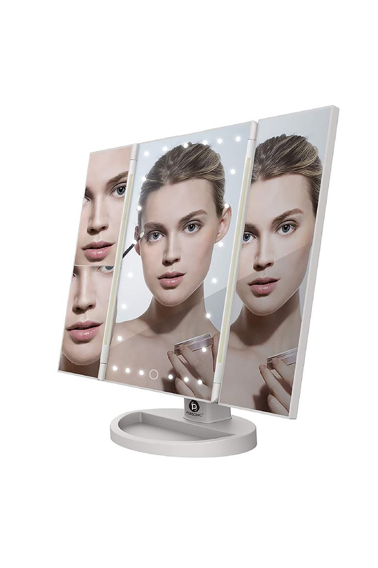 Tri-Fold LED Vanity Makeup Mirror, Alternate, color, WHITE