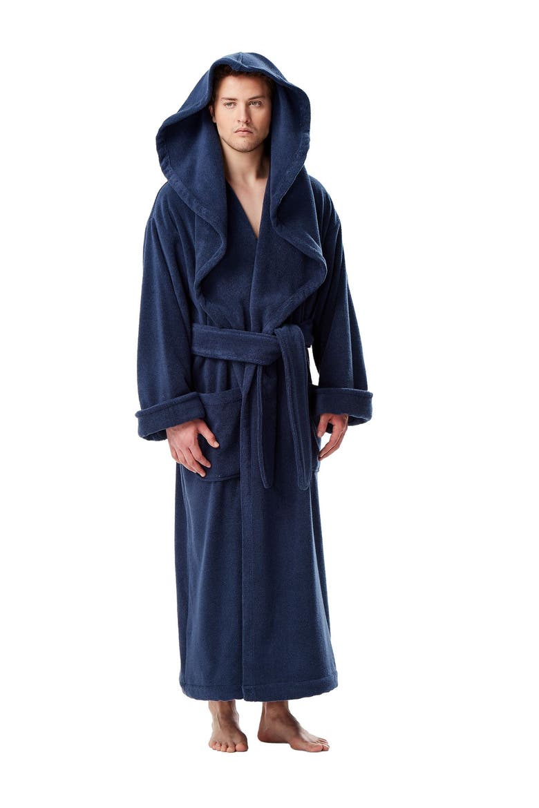 Men's Monk Style Full Length Long Terry Cotton Bathrobe, Main, color, Navy