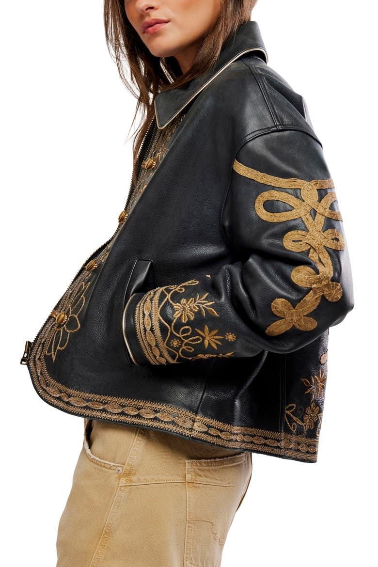 Lana Embroidered Leather Jacket, Alternate, color, BLACK