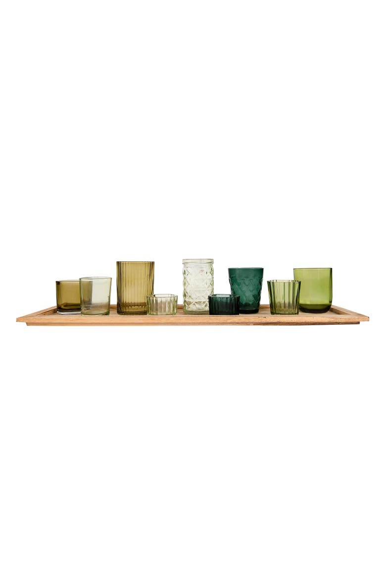 Round Glass Votive Holders on Wood Tray, Green, Set of 9, Main, color, Green