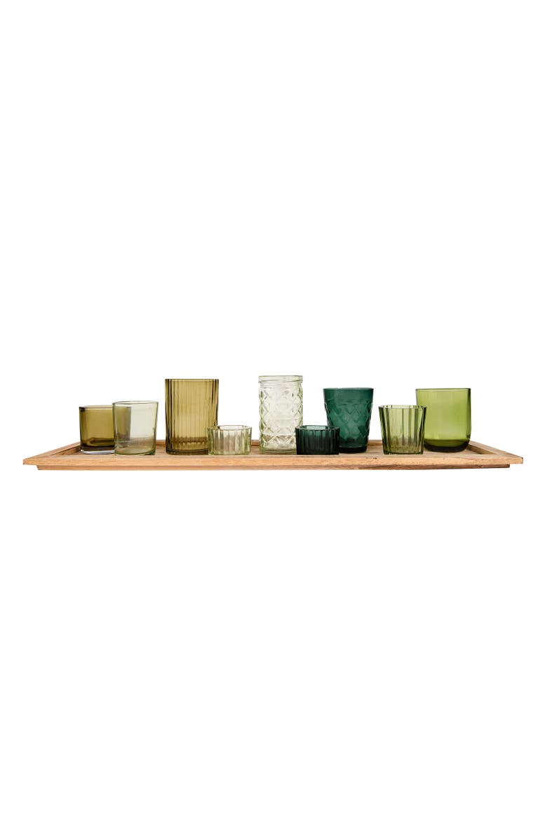 Storied Home Round Glass Votive Holders on Wood Tray, Green, Set of 9, Main, color, 