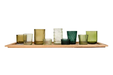 Round Glass Votive Holders on Wood Tray, Green, Set of 9
