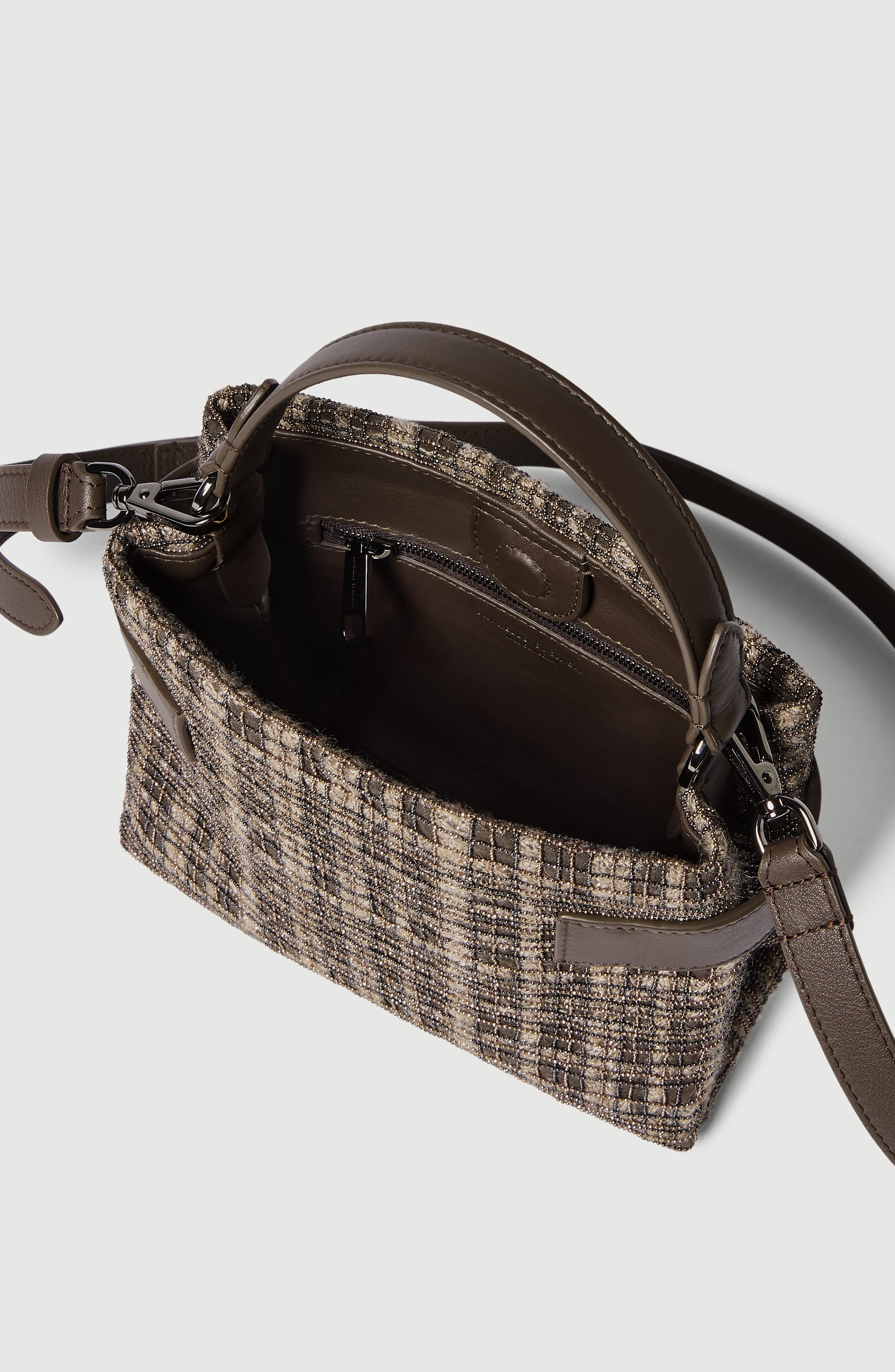 Essence small top-handle bag in suede with precious check embroidery, Alternate, color, Brown