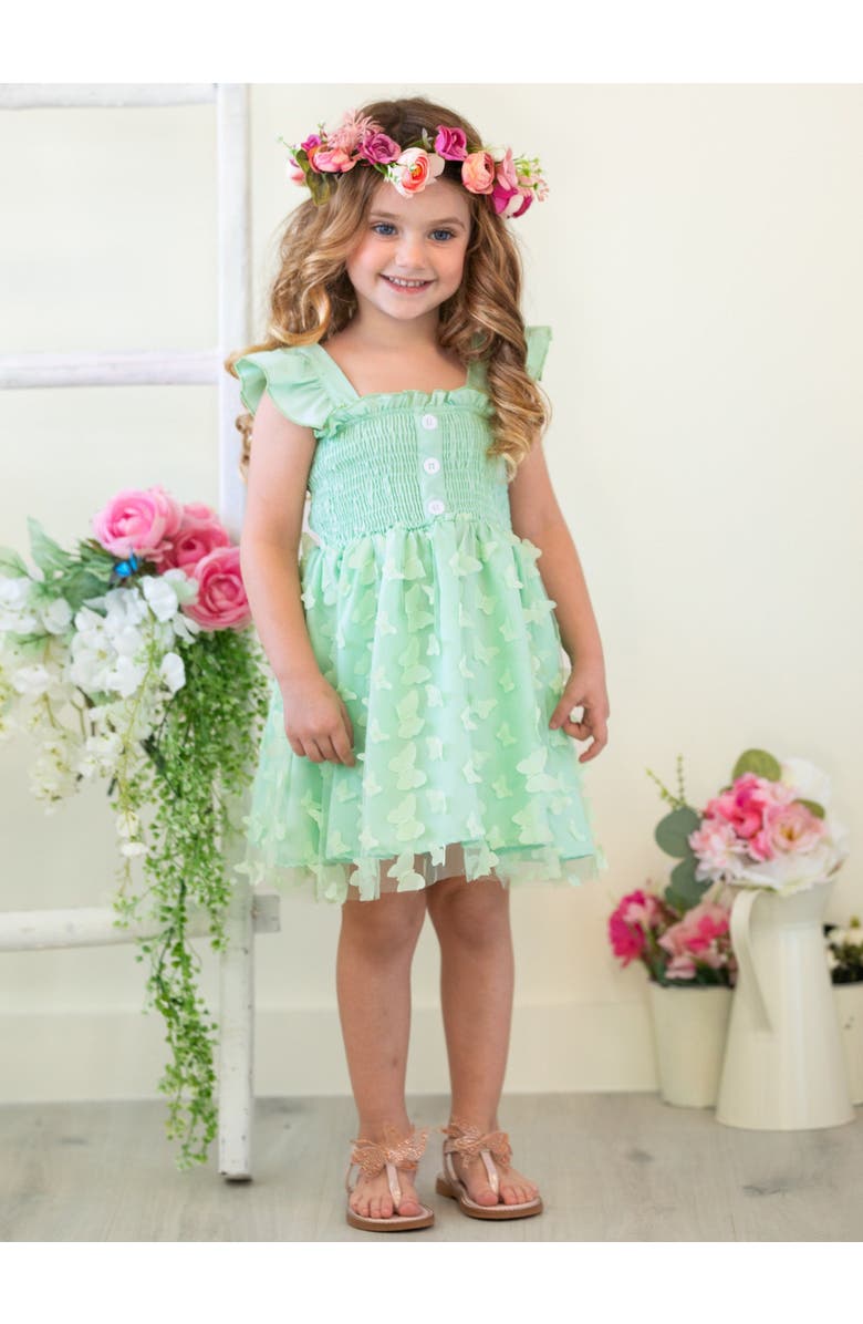 Mia Belle Girls Girls Butterfly Kisses Green Smocked Dress, Alternate, color,
