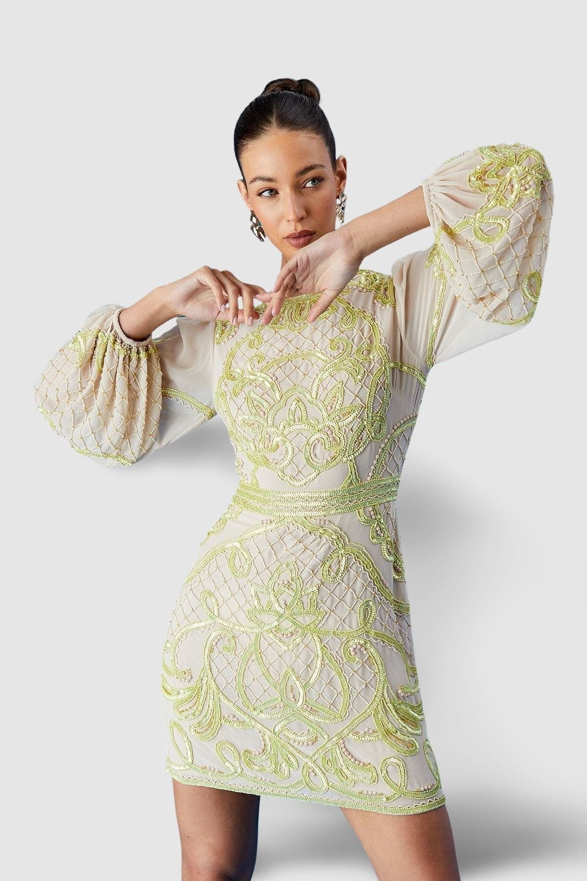 Coast Muse Chiffon Embellished Mini Dress In Green