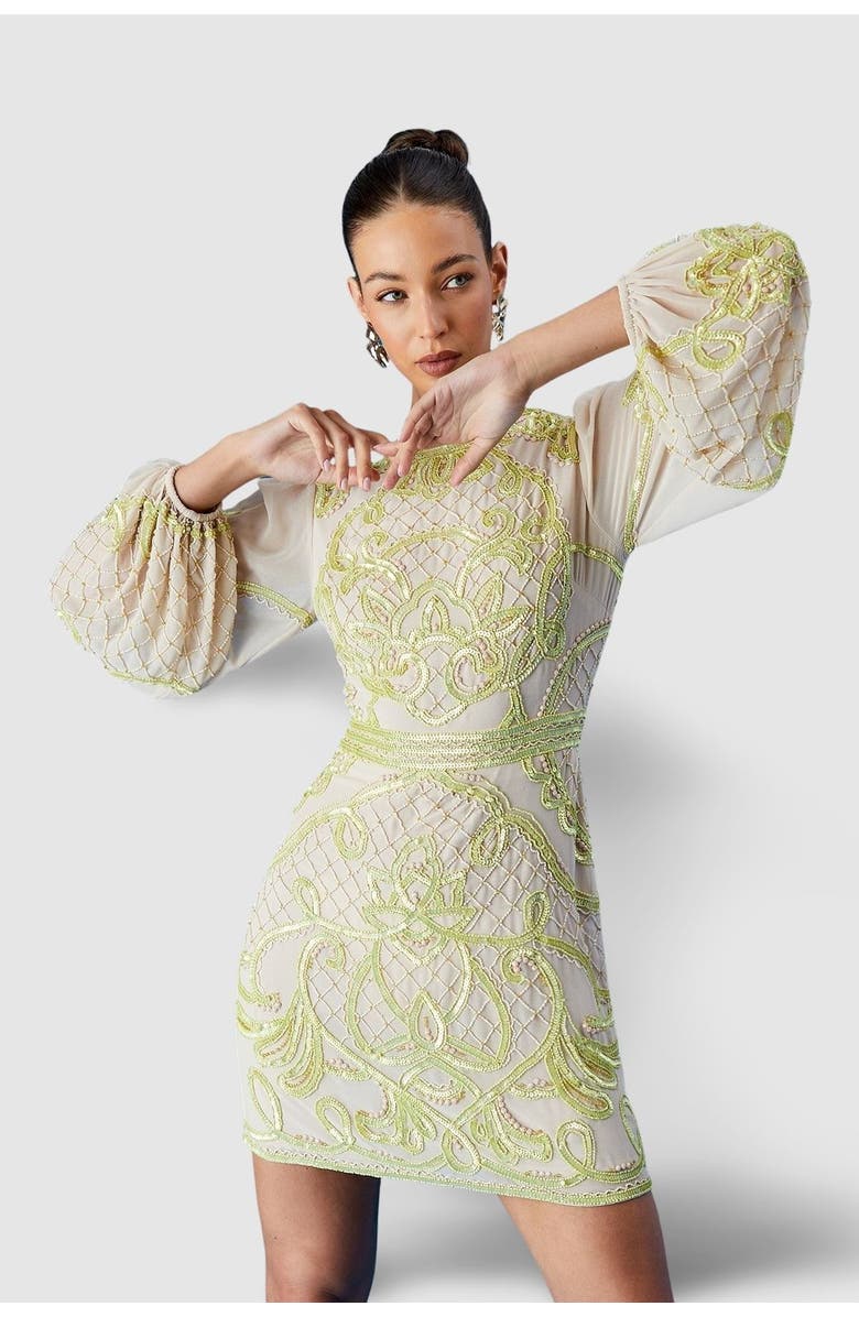 Coast Muse Chiffon Embellished Mini Dress, Main, color, Natural