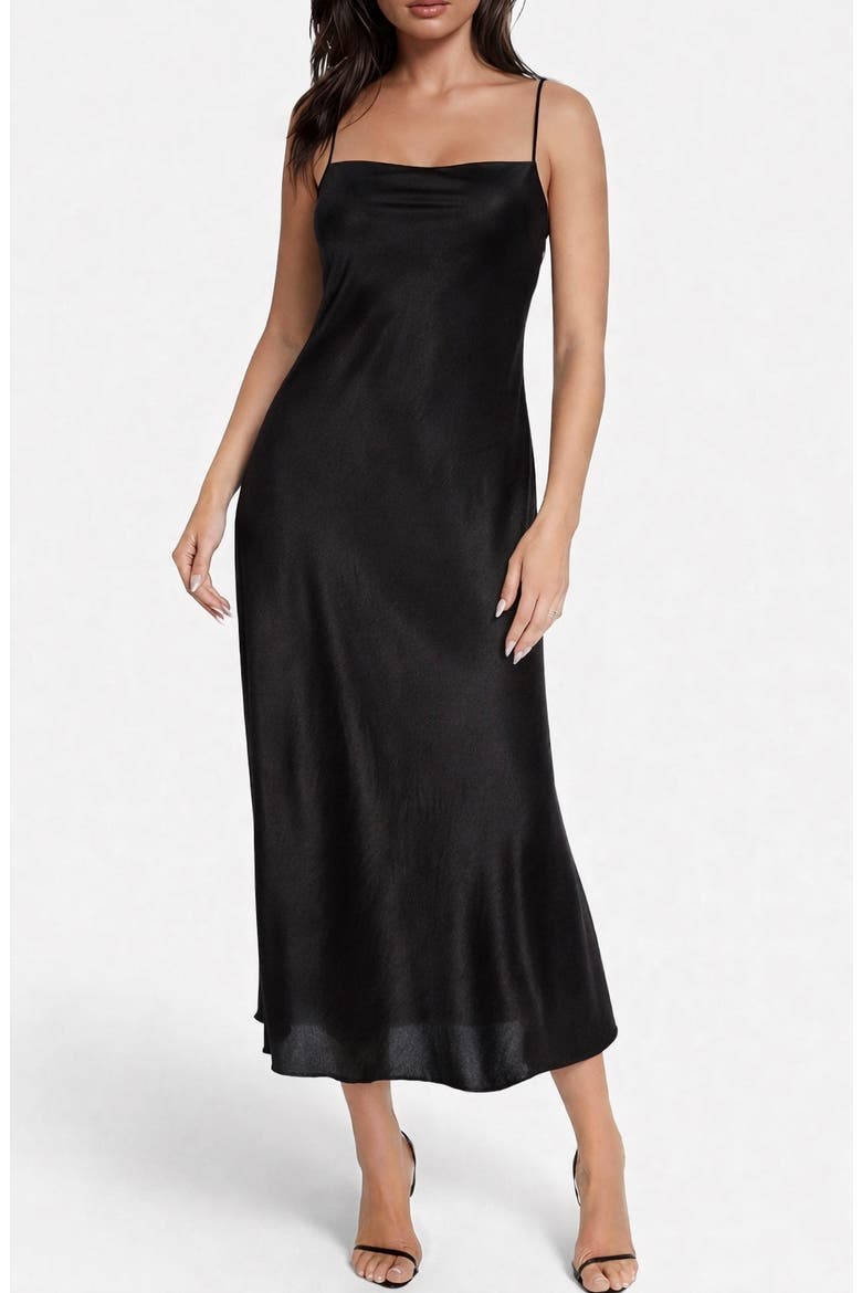 Crepe Satin Cowl Neck Midi Slipdress, Main, color, BLACK