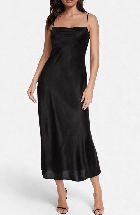 Crepe Satin Cowl Neck Midi Slipdress
