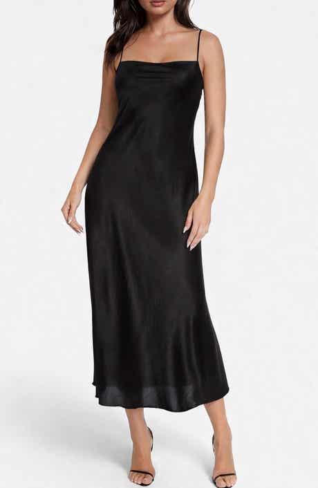 bebe Crepe Satin Cowl Neck Midi Slipdress