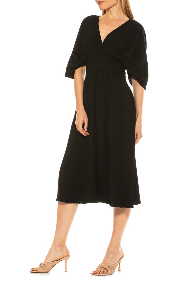 August Draped Midi Fit & Flare Dress, Alternate, color, BLACK