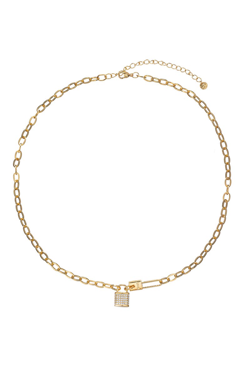 Cubic Zirconia Lock Pendant Necklace, Alternate, color, GOLD