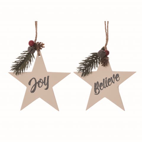Wood White Christmas Star with Metal Word Ornaments Set