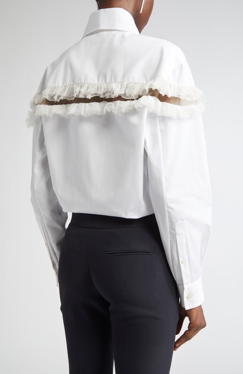 McQueen Ruffle Mesh Inset Cotton Button-Up Shirt, Alternate, color, Optical White