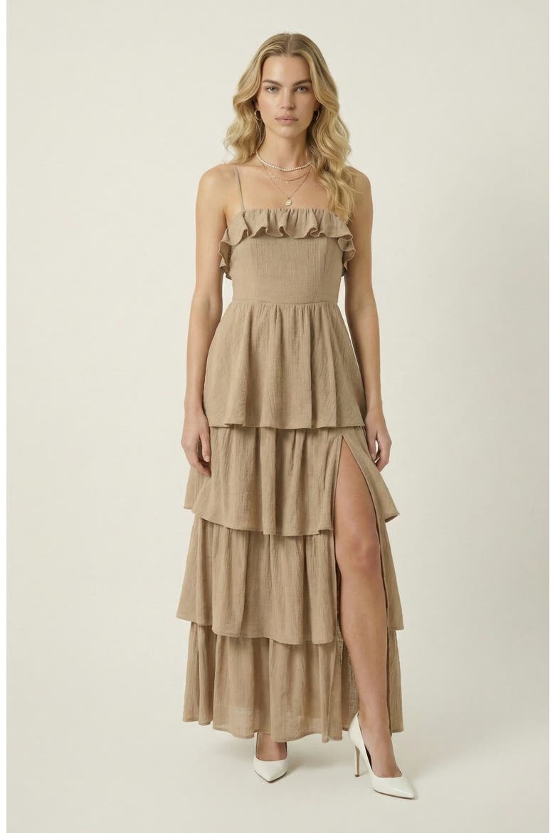 Strapless Tiered Ruffle Maxi Dress with High Slit, Main, color, Beige