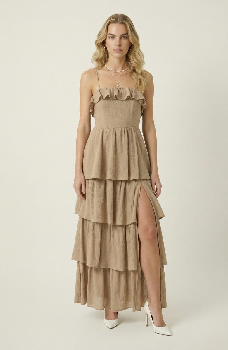 Modenaire Strapless Tiered Ruffle Maxi Dress with High Slit, Main, color, 