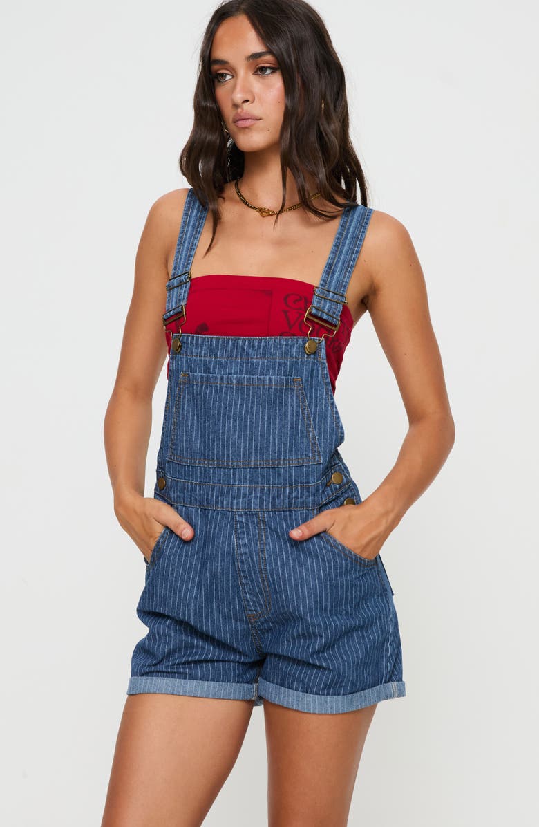Princess Polly Kacey Pinstripe Denim Short Overalls, Alternate, color, 