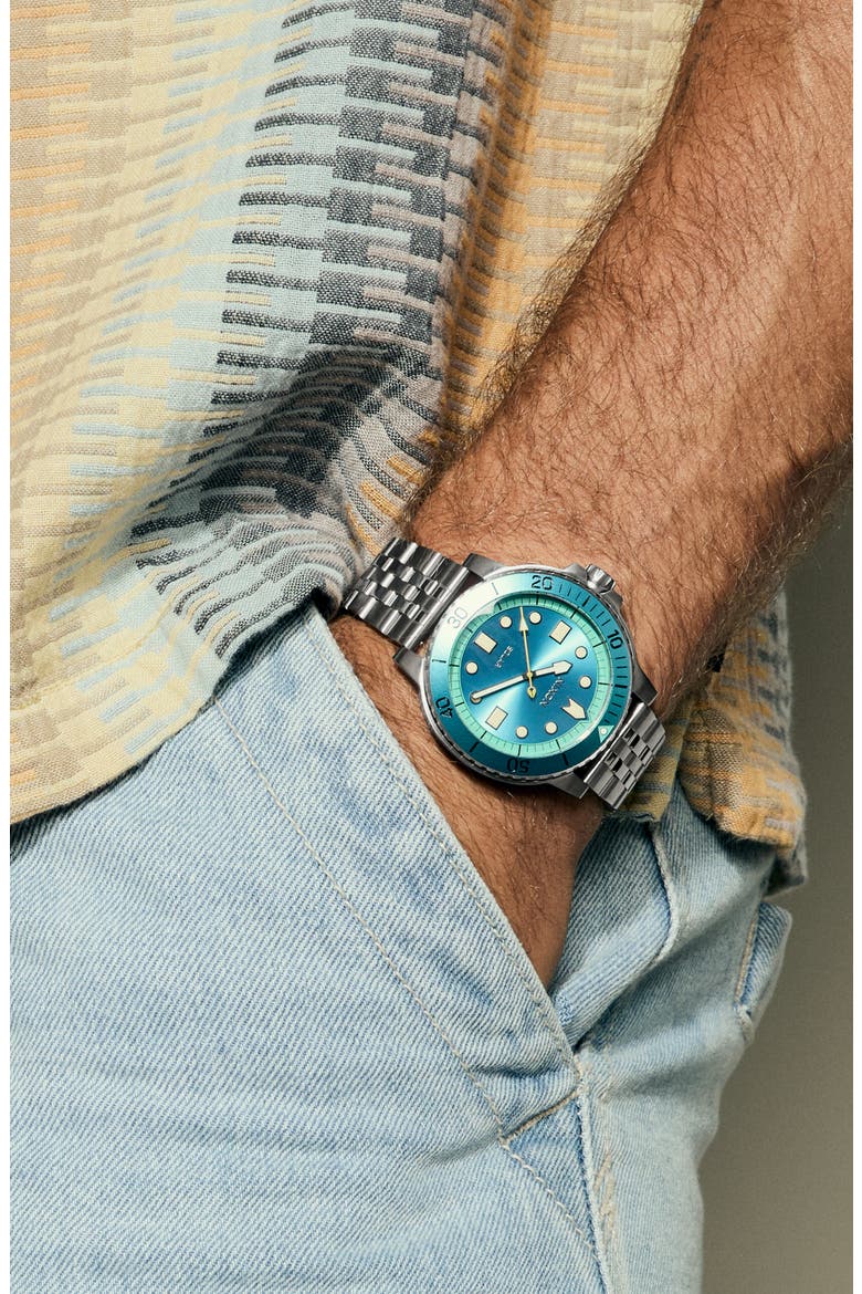 The Stinger Solar Dive Bracelet Watch, 44mm, Alternate, color, SILVER / BYRON BLUE / GREEN
