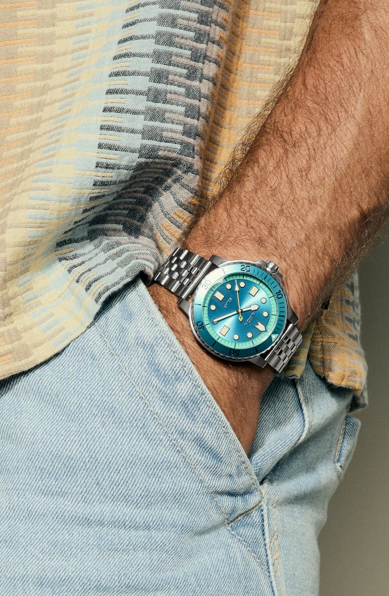 Nixon The Stinger Solar Dive Bracelet Watch, 44mm, Alternate, color, Silver / Byron Blue / Green