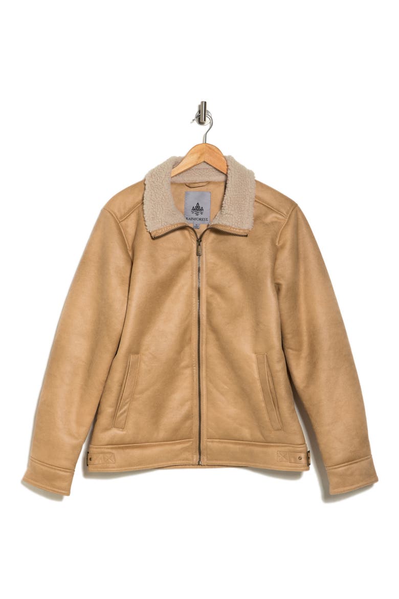 Faux Shearling Lined Leather Aviator Jacket, Alternate, color, VINTAGE PINE
