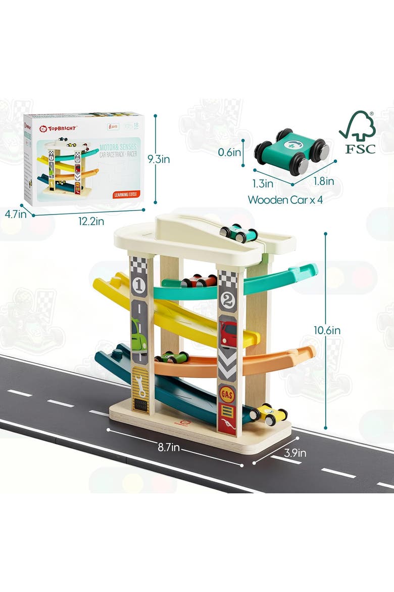 Wooden Car Ramp Race Track Toddler Montessori Toy with Garage, Alternate, color, Multicolor