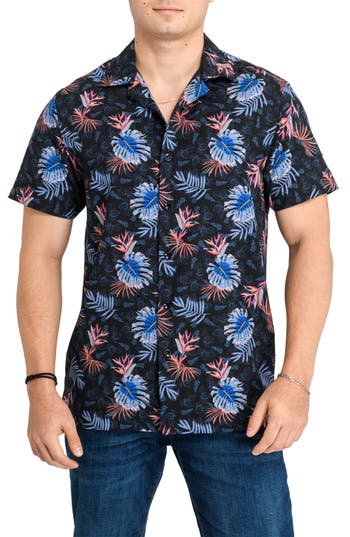 Construct Slim Fit Monstera Leaves Camp Shirt In Black
