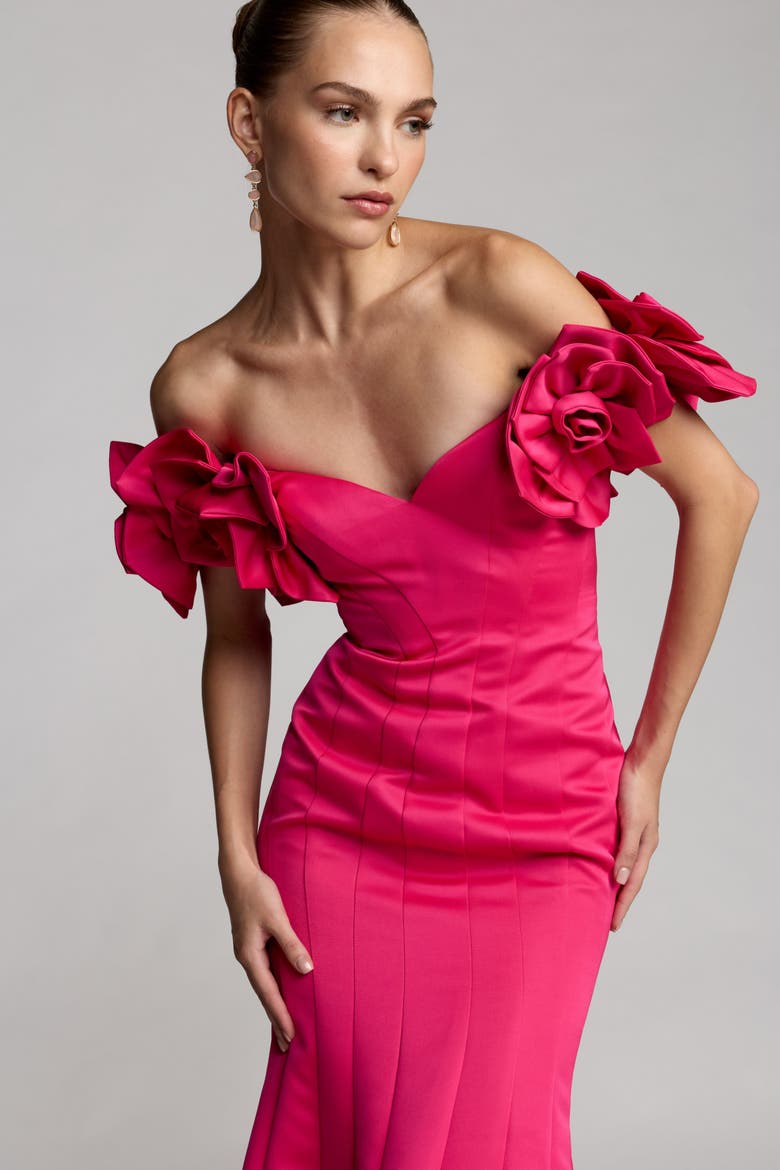 Satin Off The Shoulder Floral Detail Trumpet Gown, Alternate, color, Hot Pink
