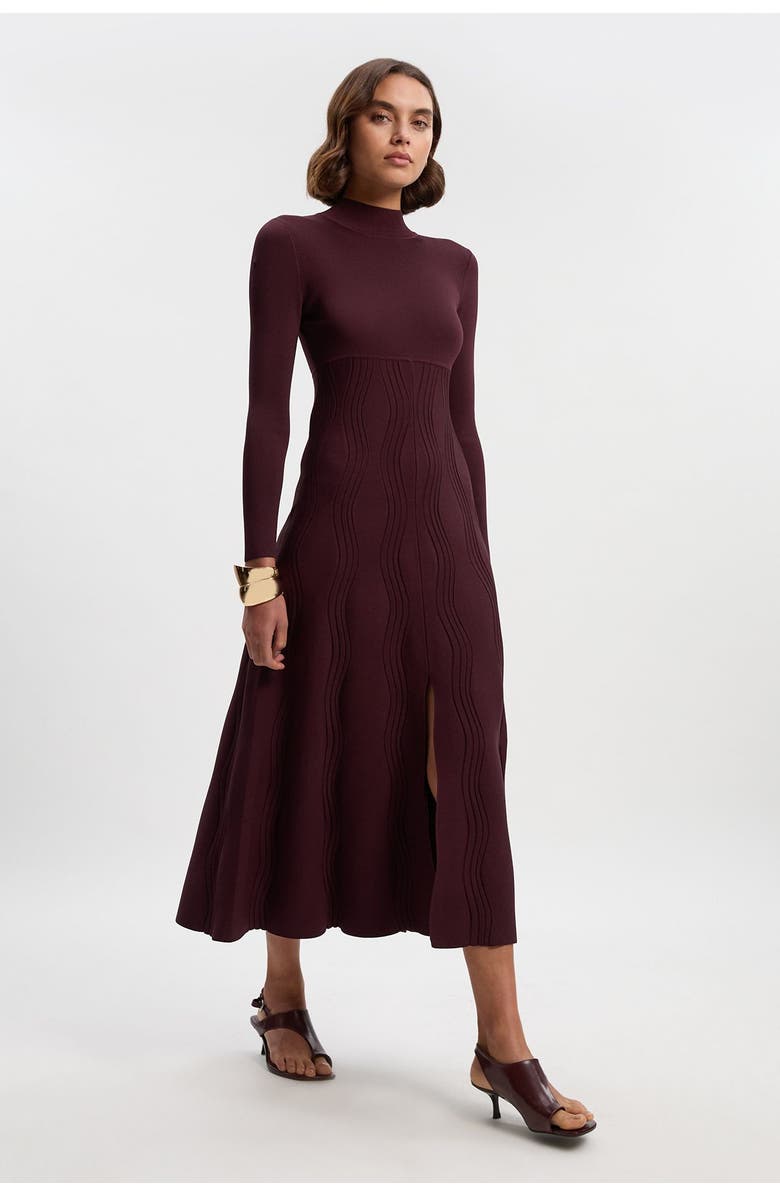 Karen Millen Wave Knit A-Line Long Sleeve Dress, Main, color, Burgundy