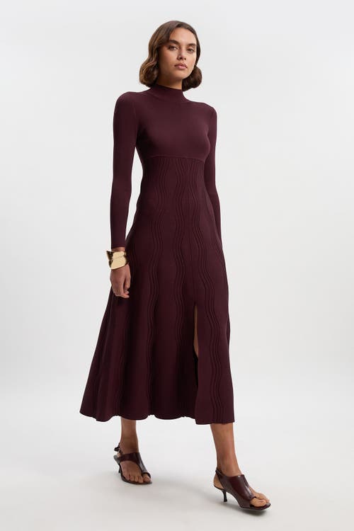 Karen Millen Wave Knit A-line Long Sleeve Dress In Burgundy