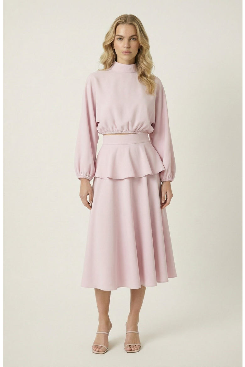 Mock Neck Peplum Top And Mini Skirt Set, Main, color, Pastel Pink