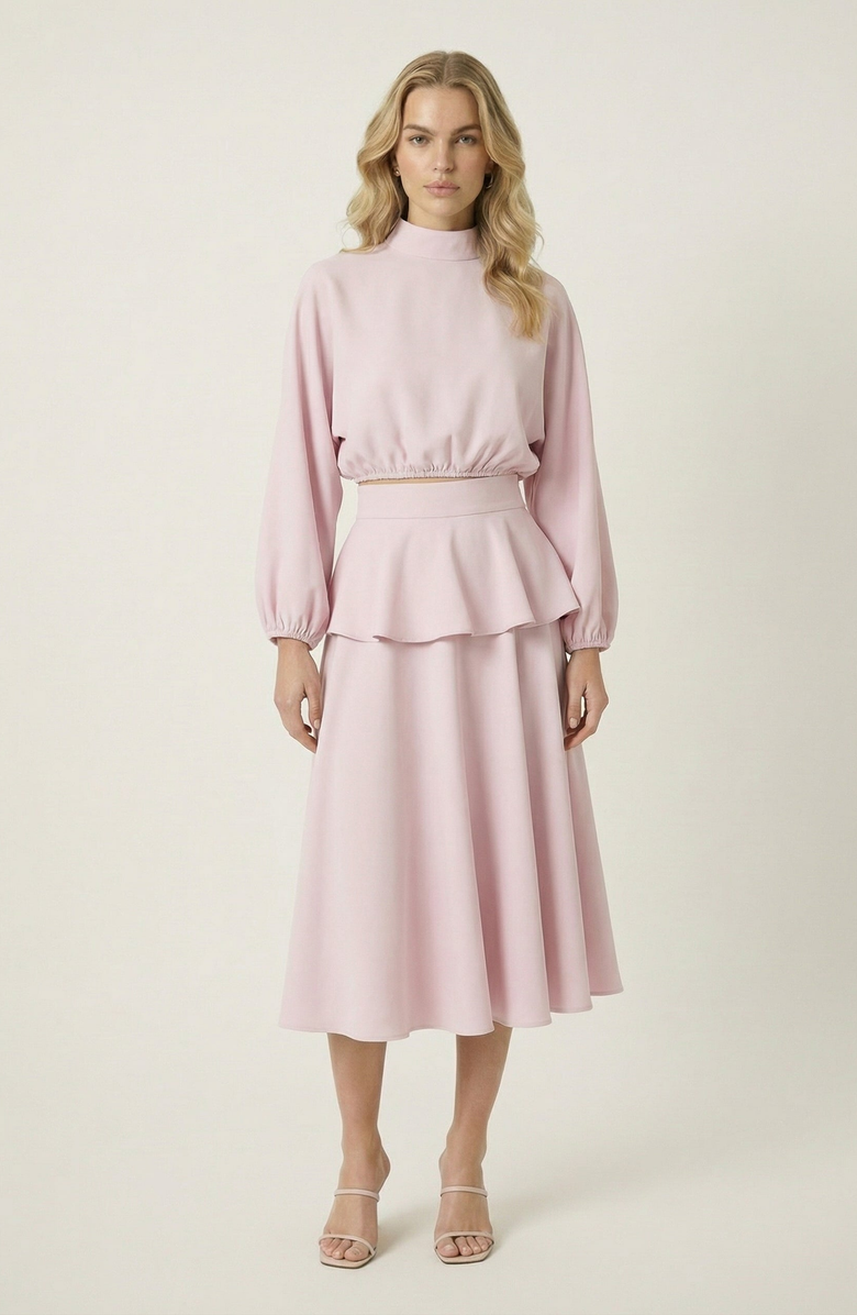 Modenaire Mock Neck Peplum Top And Mini Skirt Set, Main, color, Pastel Pink