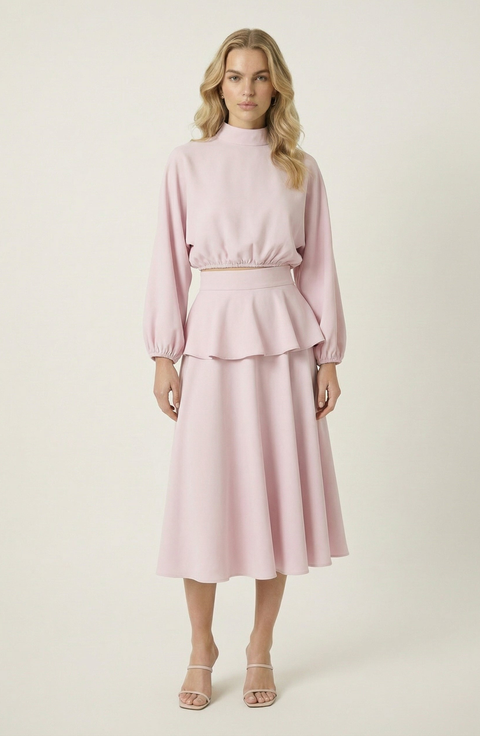 Mock Neck Peplum Top And Mini Skirt Set