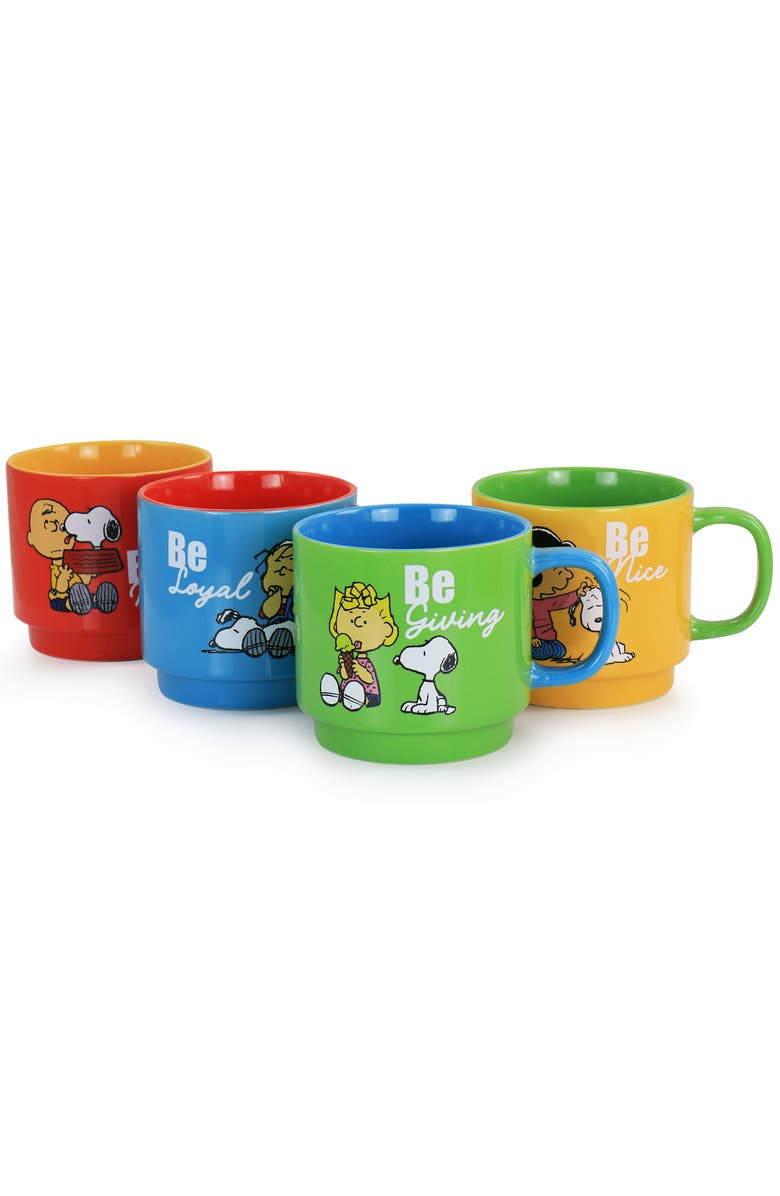 Gibson Classic Gentle Reminders Collection 4 Piece Stoneware Stackable Mug Set with Metal Stand, Alternate, color, Blue