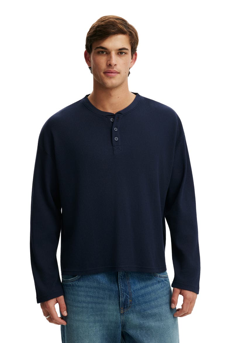 Men's Relaxed Fit Textured Henley Long Sleeve, Main, color, Vintage Navy Waffle