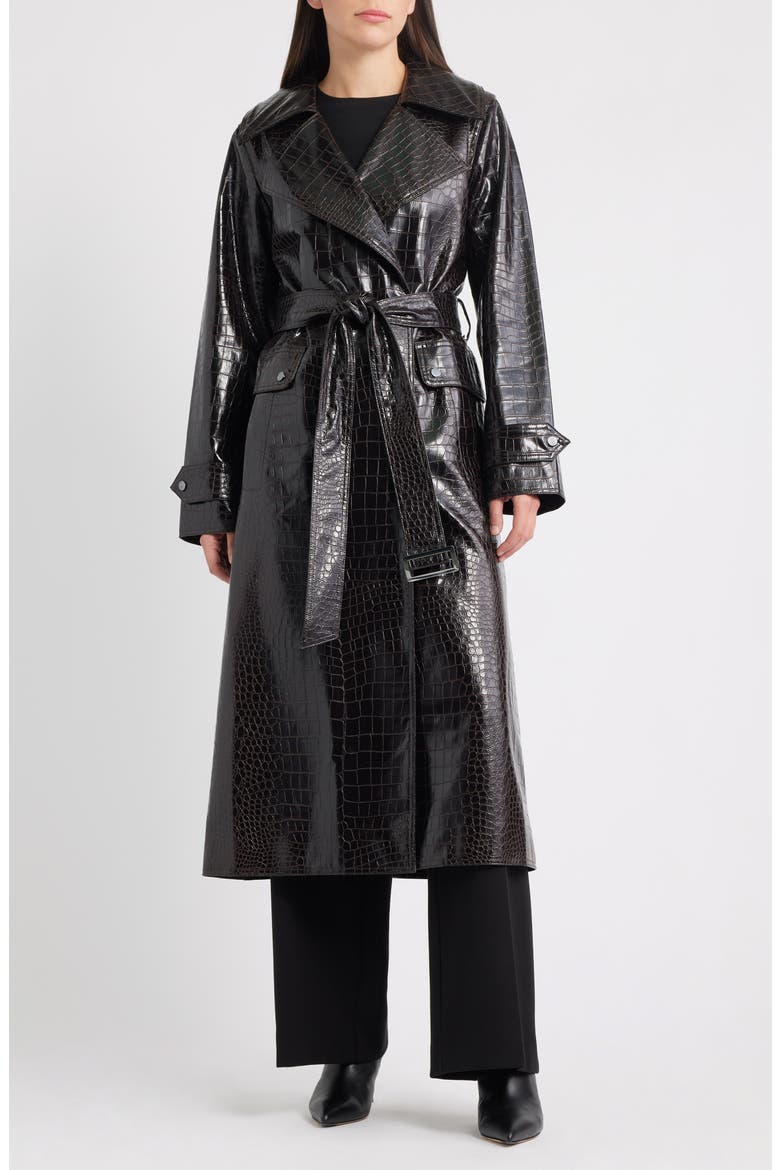 Croc Embossed Faux Leather Trench Coat, Main, color, BROWN