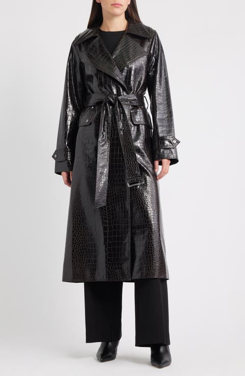 Croc Embossed Faux Leather Trench Coat