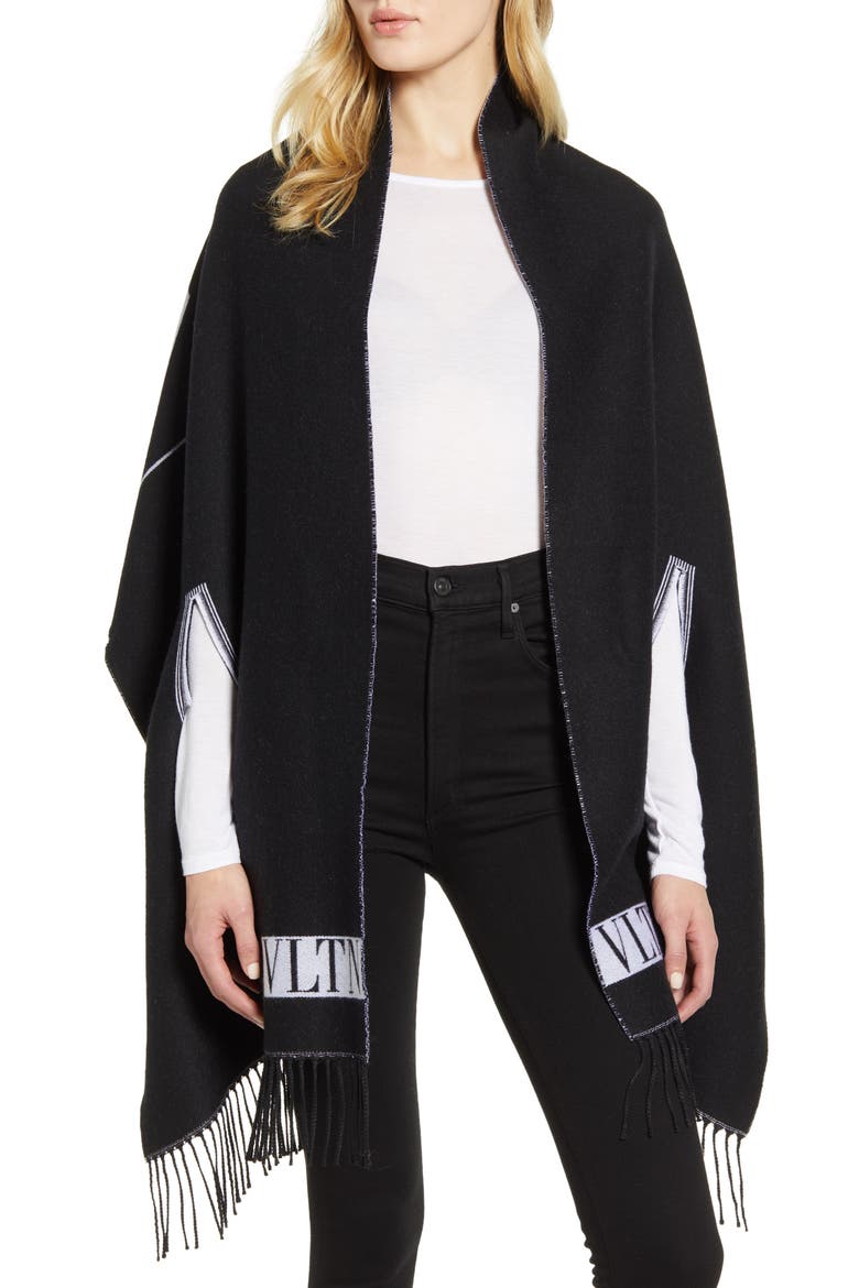 Valentino Jacquard Wool Cape Scarf, Main, color, NERO/ AVORIO