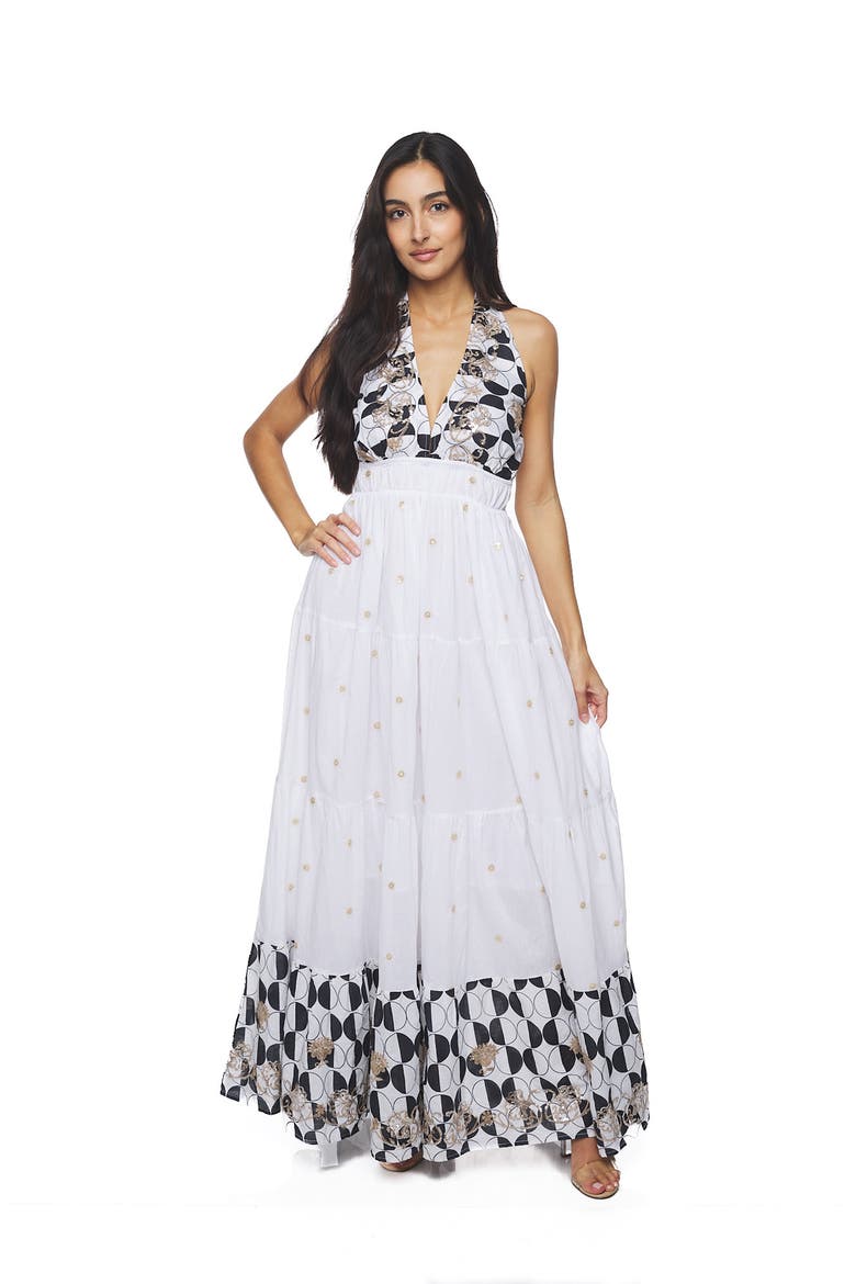 Sequin Border Print Maxi Dress, Alternate, color, WHITE