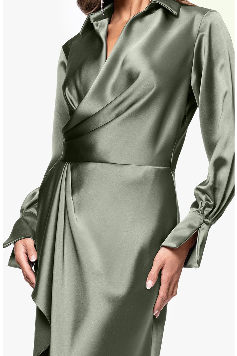 Collar Long Sleeve Satin Gown, Alternate, color, OLIVE