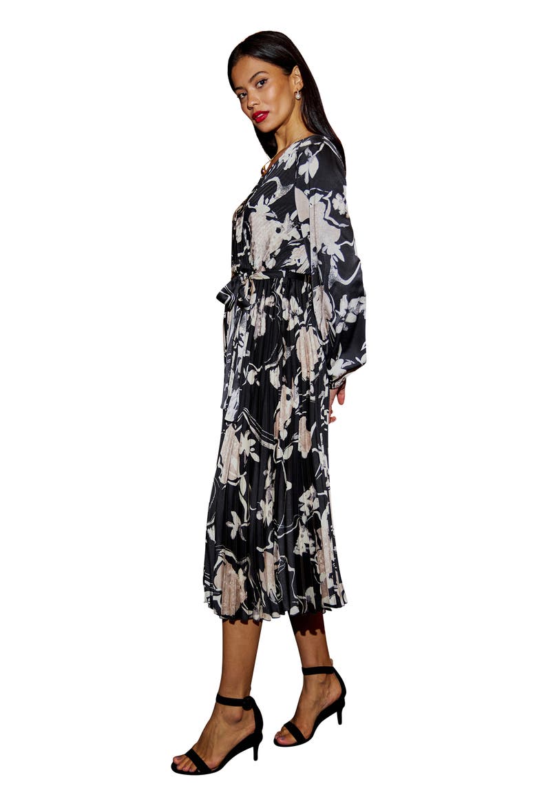 Floral Satin Long Sleeve Midi Dress, Alternate, color, Black