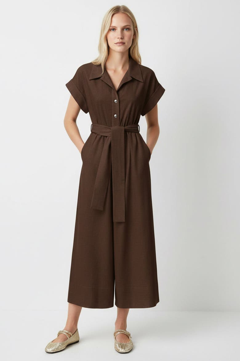Leatrice Short Sleeve Belted Midi Jumpsuit, Main, color, Brown