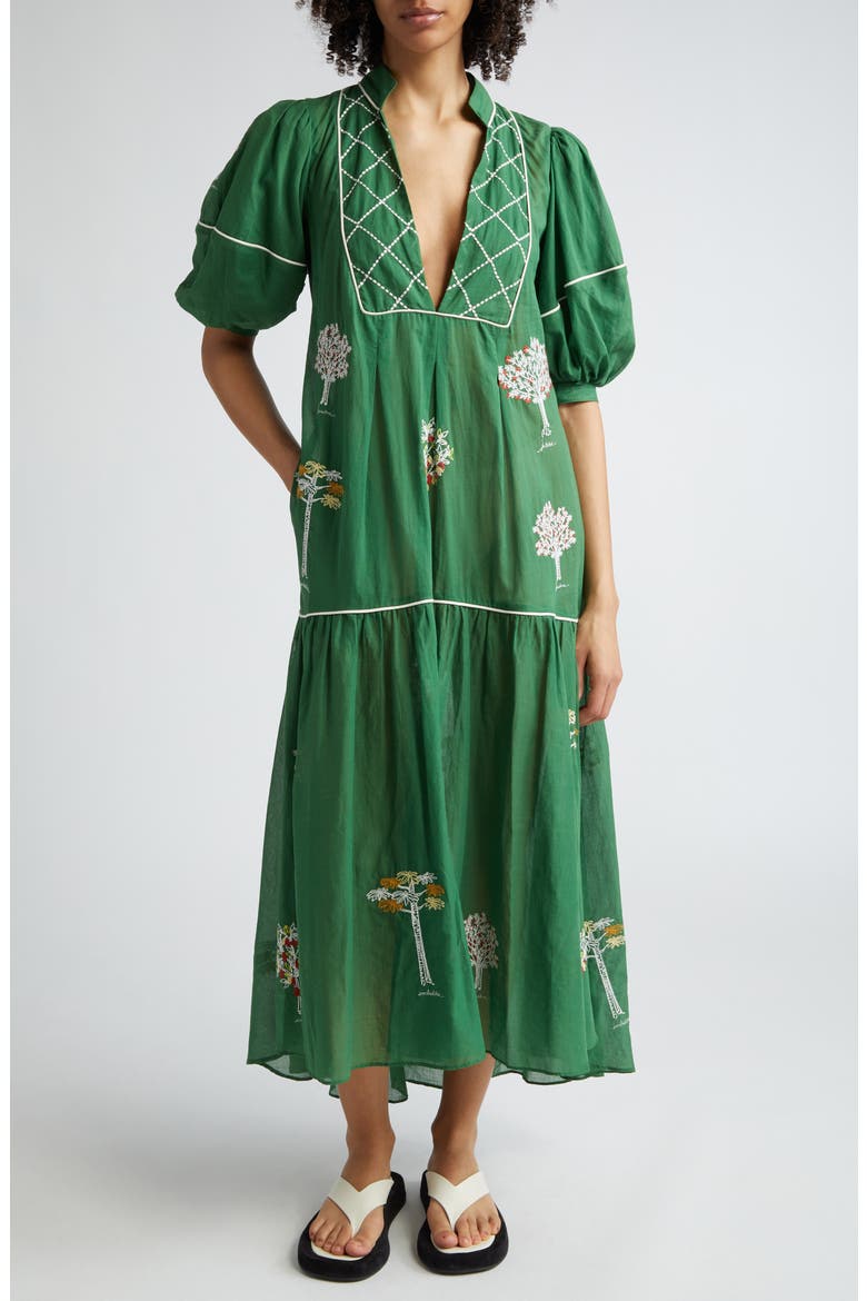 Embroidered Trees Puff Sleeve Organic Cotton Midi Dress, Main, color, GREEN