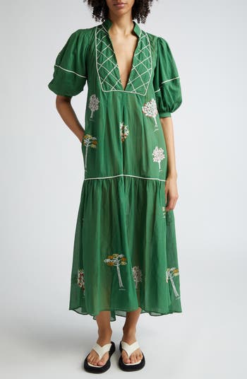 FARM Rio Embroidered Trees Puff Sleeve Organic Cotton Midi Dress | Nordstrom