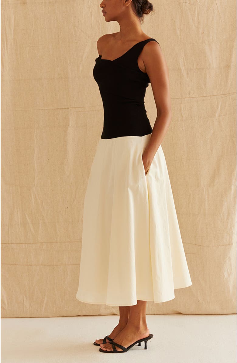 CRESCENT Contrast One Shoulder Midi Dress, Alternate, color, Black/Oatmeal