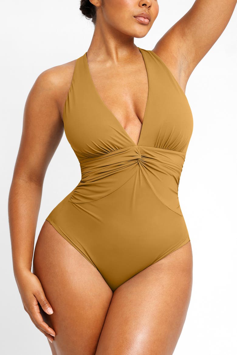 Plunge Ruched Twist-Front One Piece Swimsuit, Alternate, color, Earth Yellow