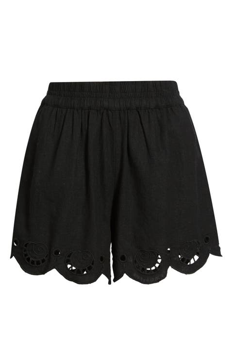 Cutwork Hem Linen Blend Pull-On Shorts