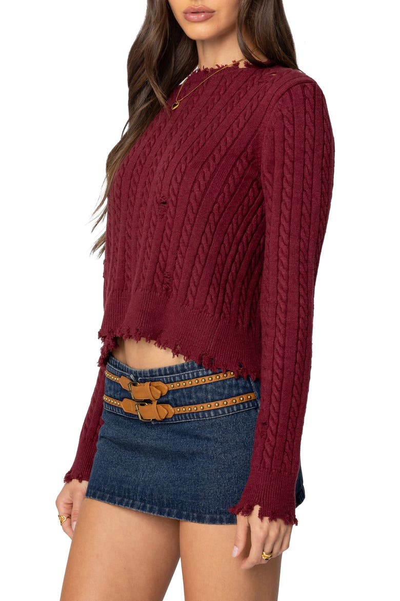Split Back Cable Stitch Crewneck Sweater, Alternate, color, BURGUNDY