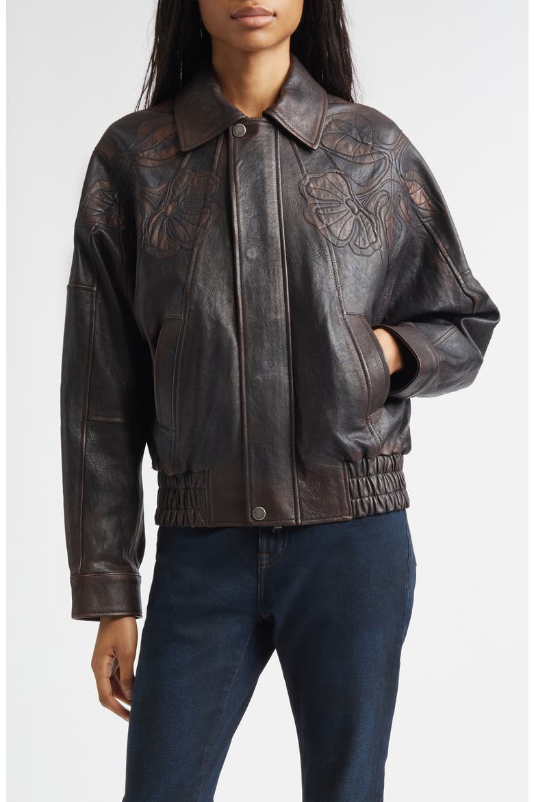 Journey Floral Embroidered Oversize Leather Bomber Jacket, Main, color, PORT ROYALE