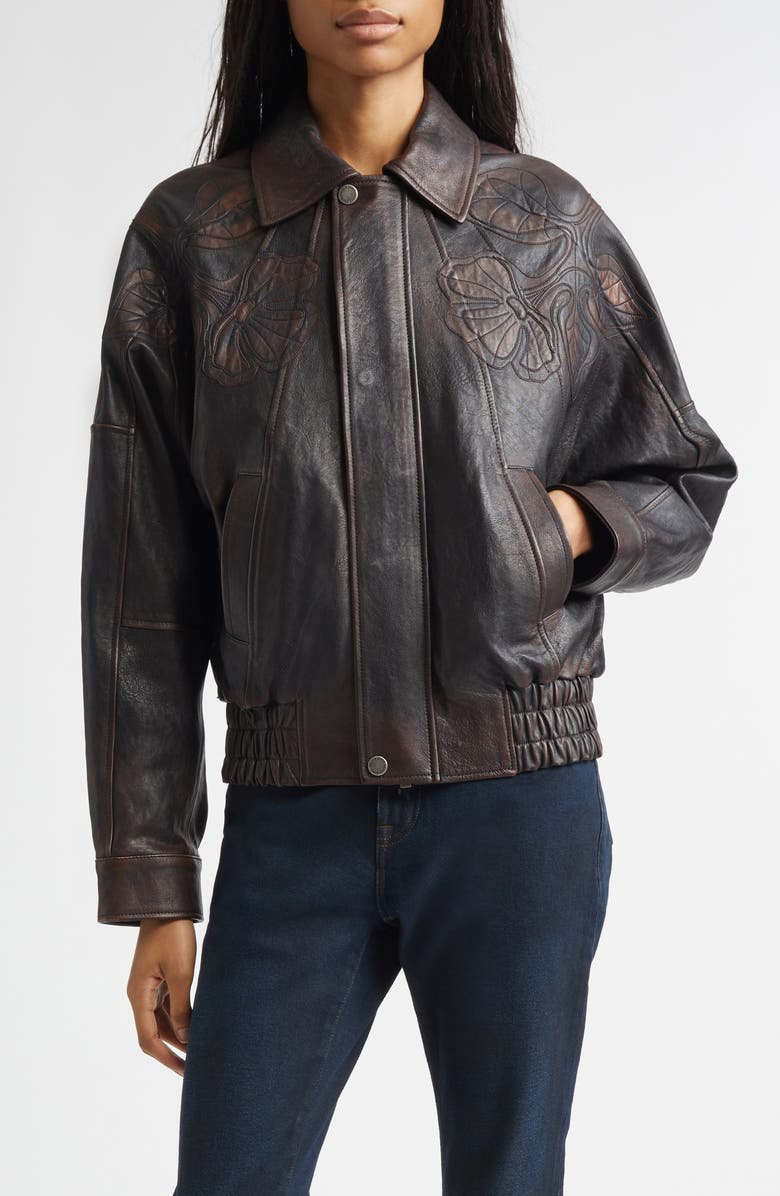 Golden Goose Journey Floral Embroidered Oversize Leather Bomber Jacket, Main, color, Port Royale