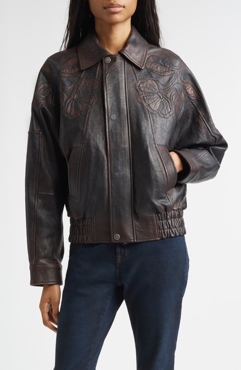 Journey Floral Embroidered Oversize Leather Bomber Jacket